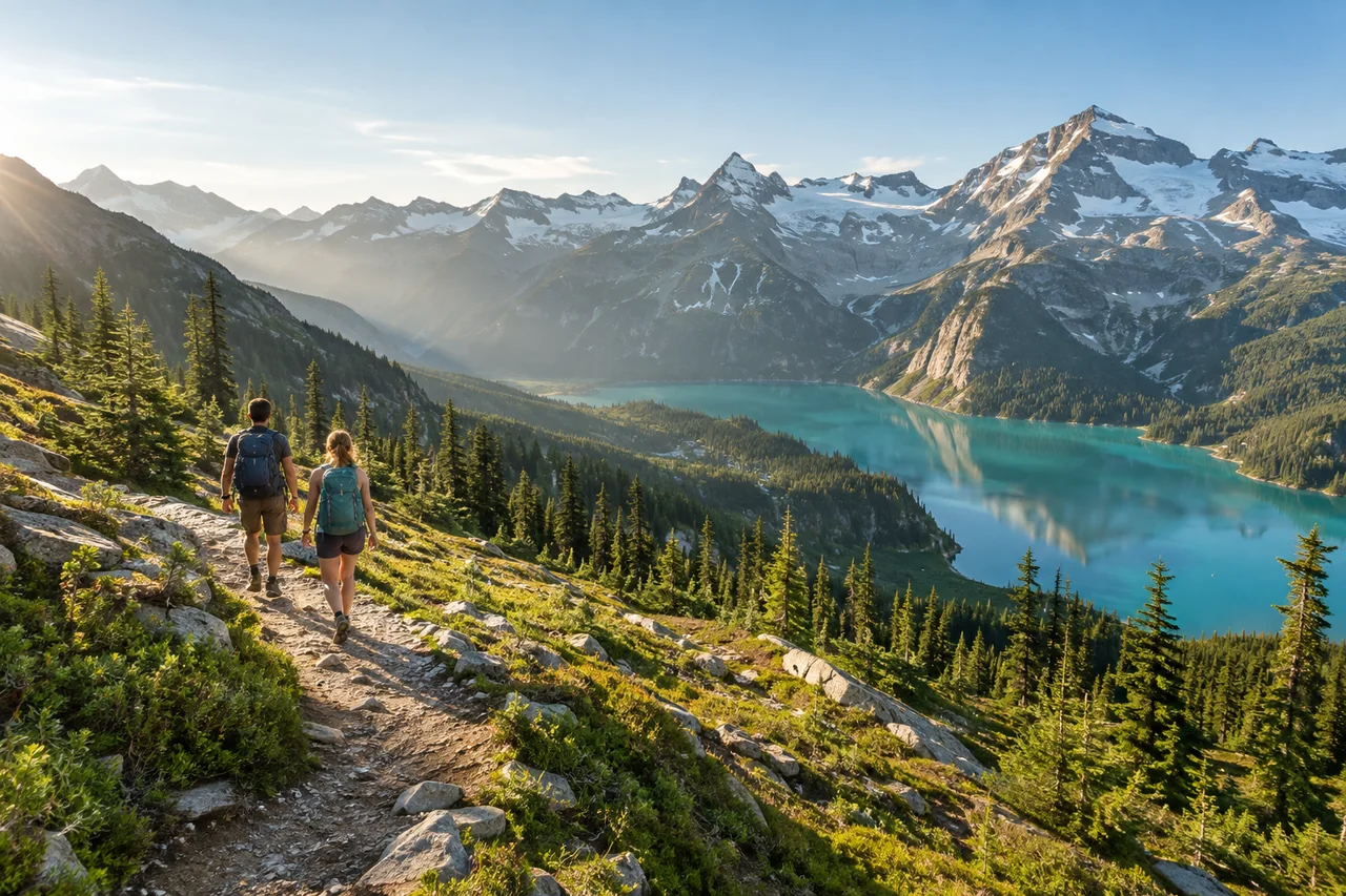 Concept illustration: Hikers following a marked alpine trail