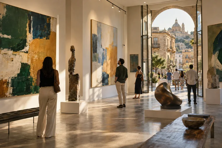 Concept illustration: Travelers viewing contemporary art in a sunlit city gallery