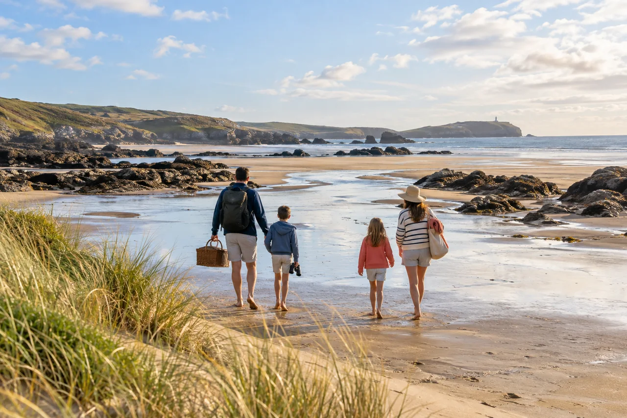 Concept illustration: Family walking together on a broad beach