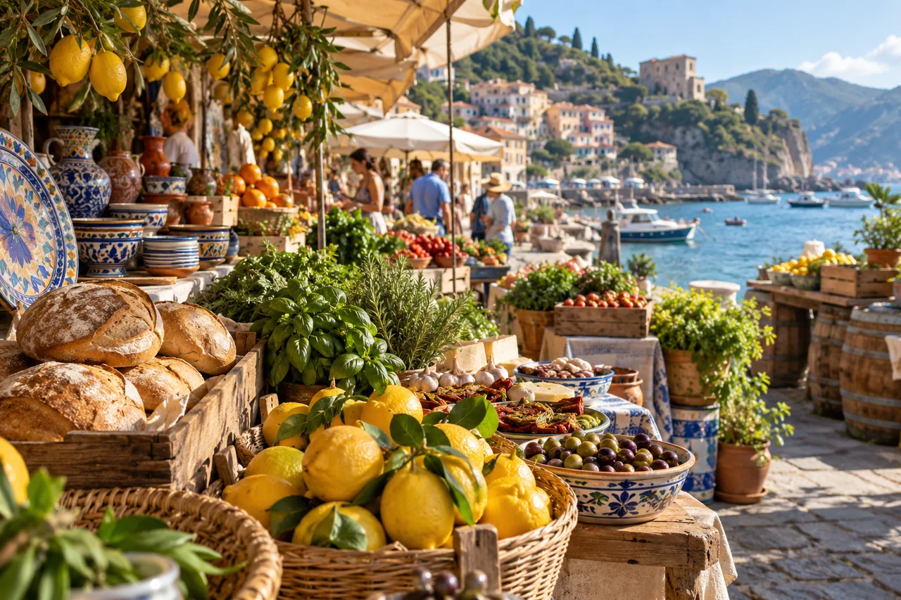 Concept illustration: Market display of bread, citrus, herbs and local ceramics