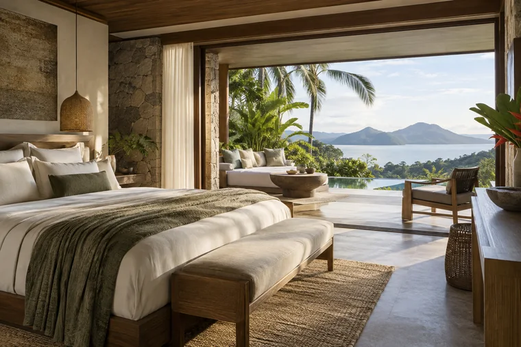 Concept illustration: Hotel suite opening toward a mountain and water view
