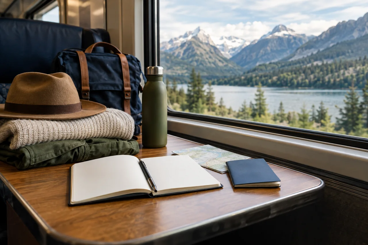 Concept illustration: Notebook and travel essentials representing detailed trip planning