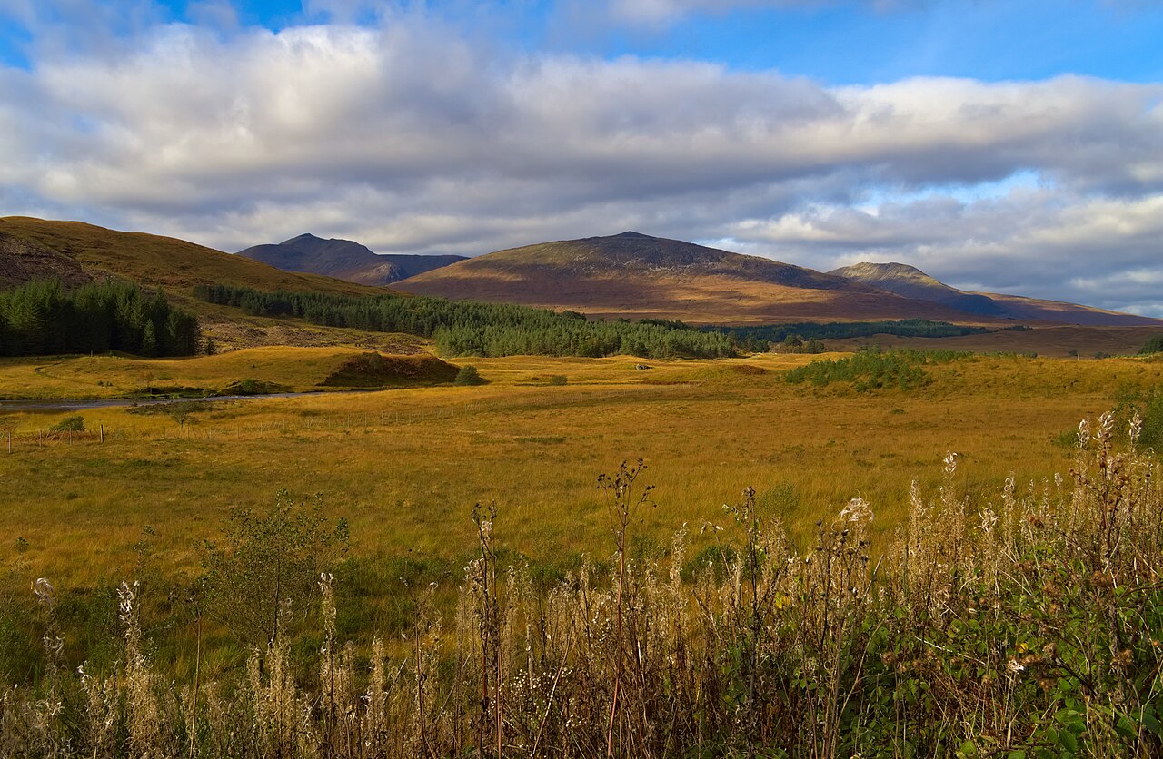 A vast, golden-hued valley in the Scottish Highlands under a partly cloudy sky during the autumn season.