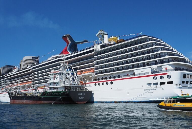 A large cruise ship docked at a passenger terminal on a sunny day with blue sky.