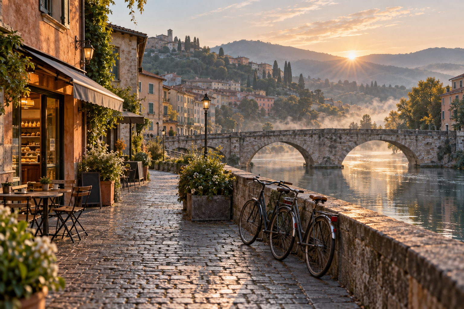 Quiet riverside European city at sunrise