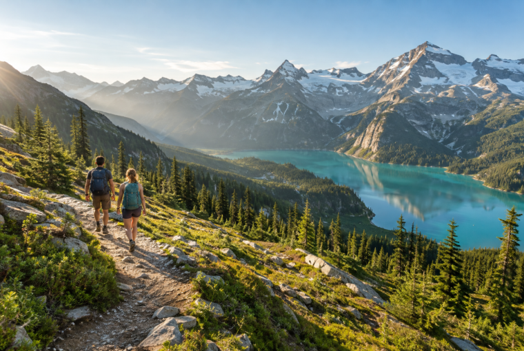 Hikers on a marked alpine trail above a turquoise lake