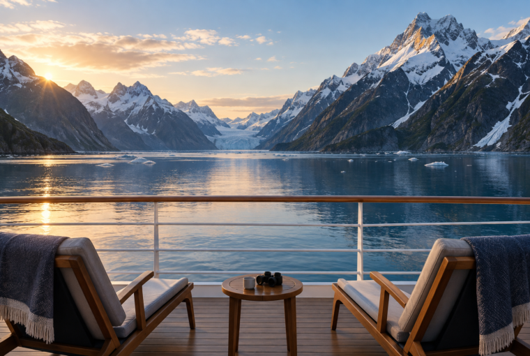 Quiet expedition ship deck approaching a dramatic fjord