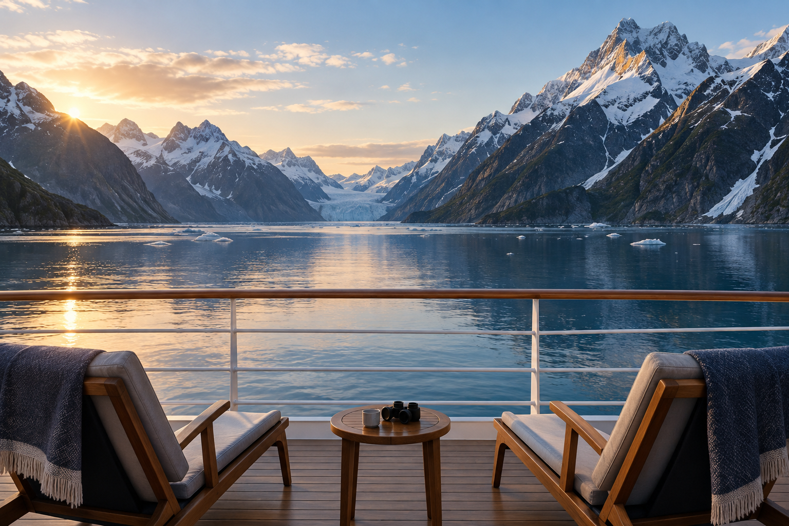 Quiet expedition ship deck approaching a dramatic fjord