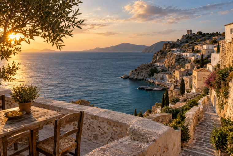 Mediterranean coastal village overlooking the sea at golden hour