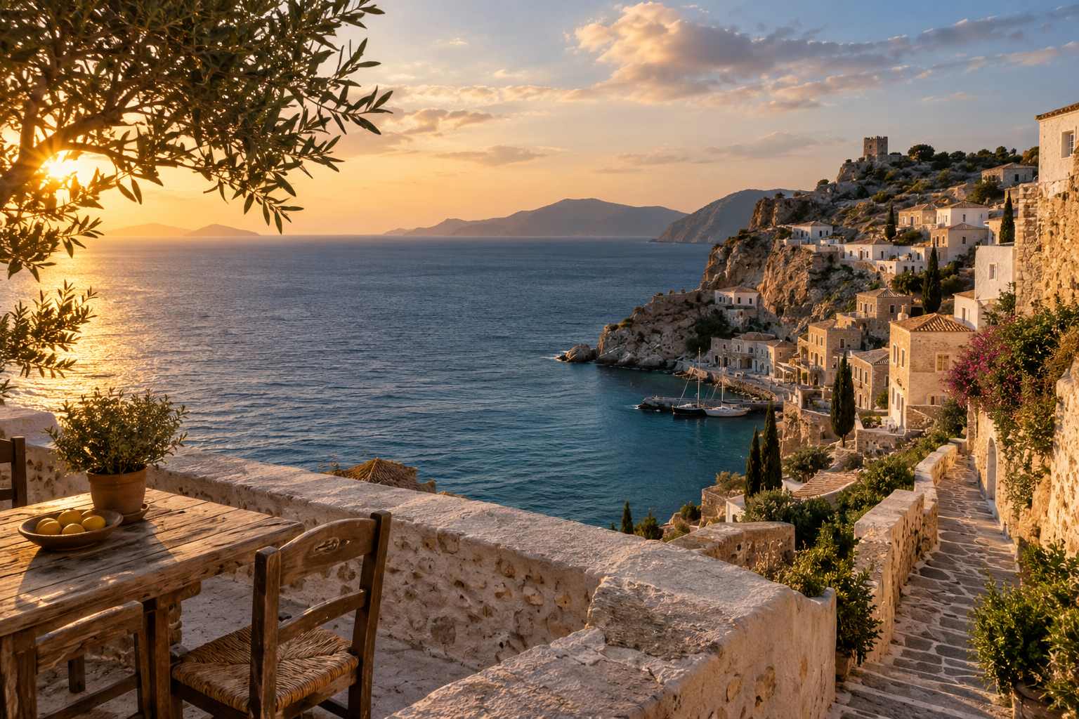 Mediterranean coastal village overlooking the sea at golden hour