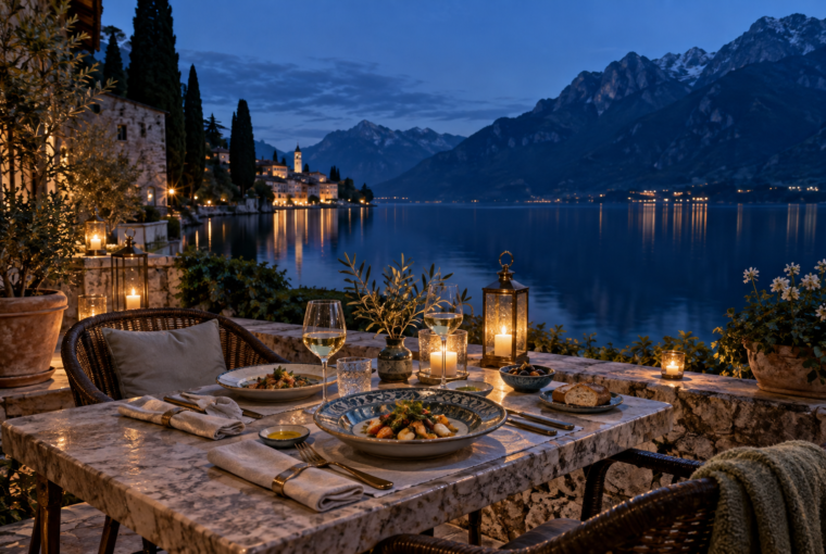 Candlelit lakeside dining terrace with mountain views