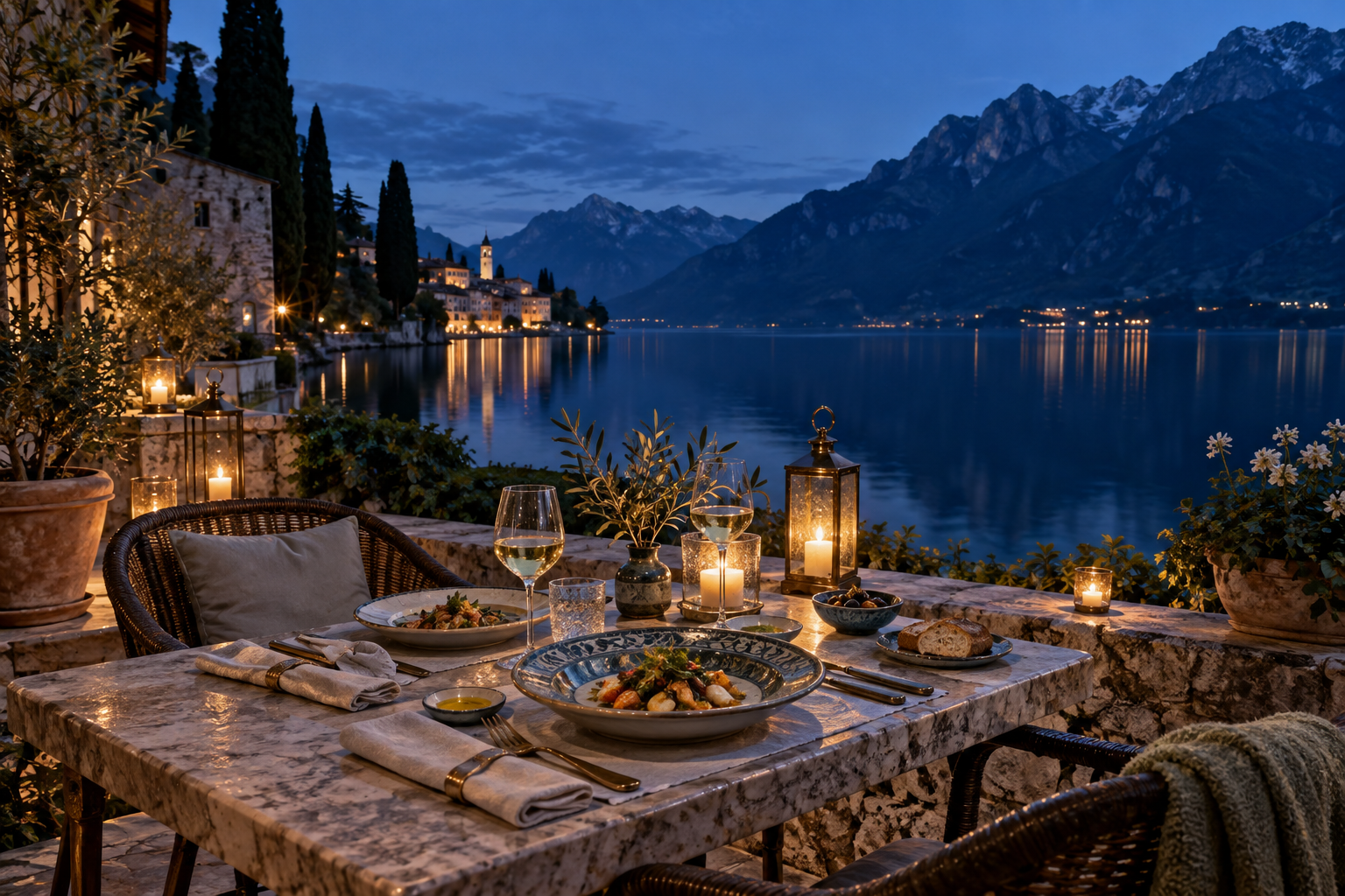 Candlelit lakeside dining terrace with mountain views