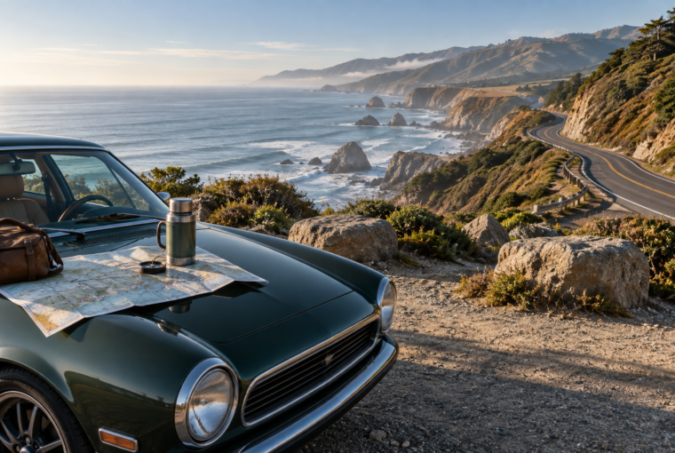 Car at a safe coastal overlook beside a winding scenic road