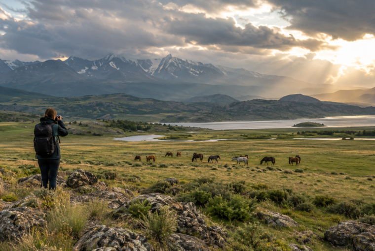 Photographer observing wild horses from a respectful distance
