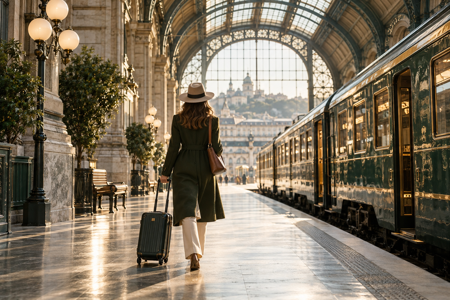 Traveler walking through a historic railway station