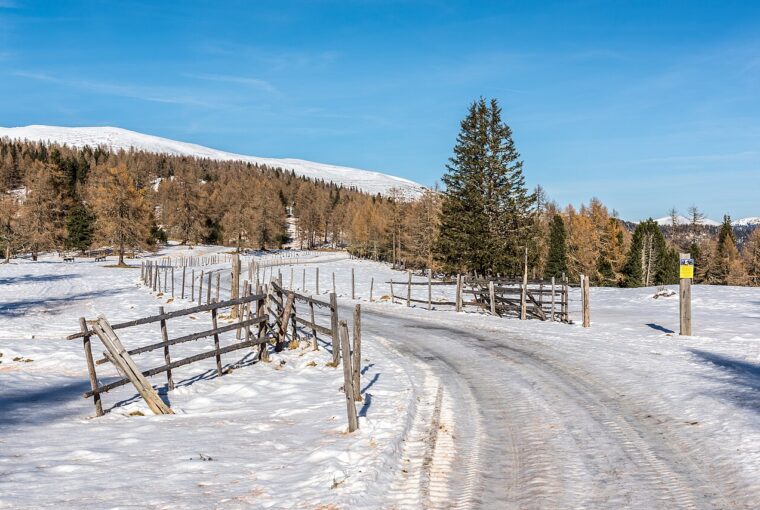 A rural path winds through a landscape with light snow cover and golden autumn trees under a blue sky.