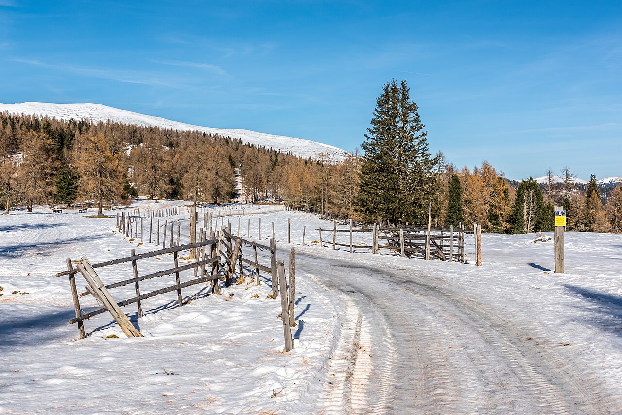 A rural path winds through a landscape with light snow cover and golden autumn trees under a blue sky.
