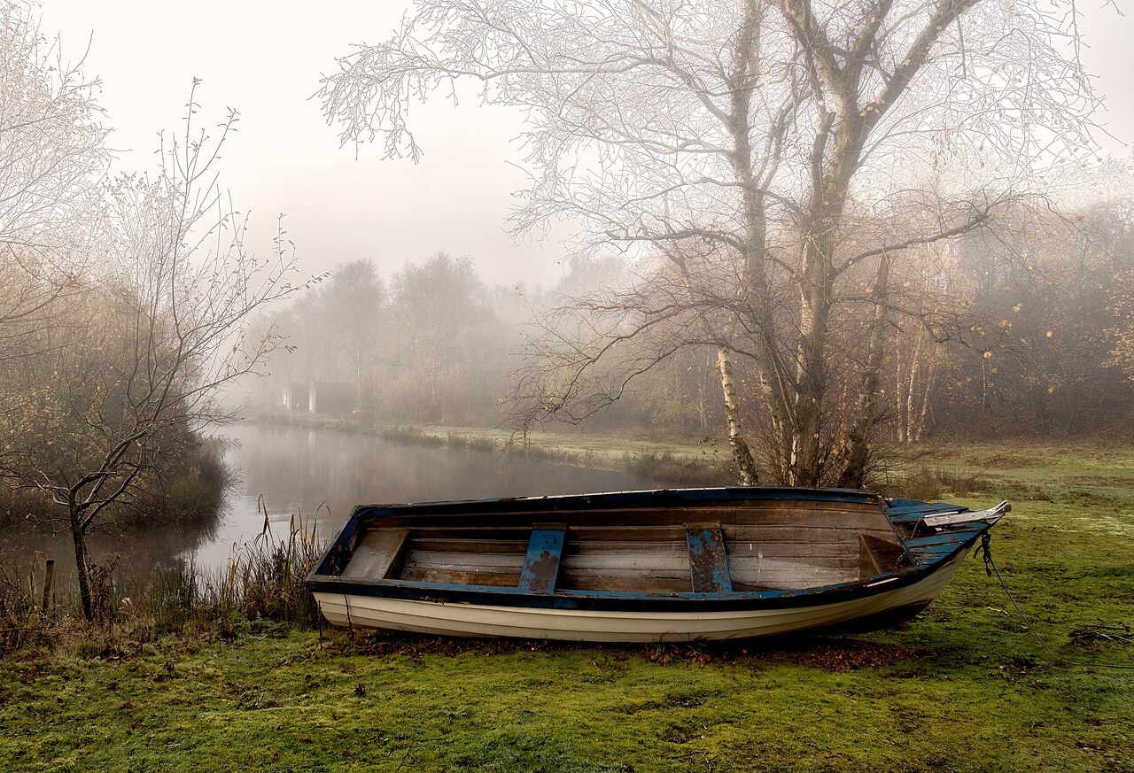 A small wooden boat rests on the grassy bank of a calm, misty lake during an autumn morning.