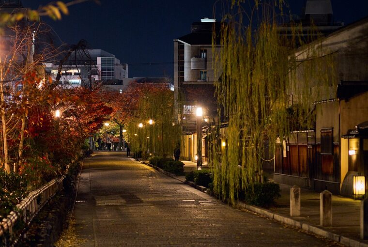 A peaceful, stone-paved street in Kyoto at night, framed by autumn foliage and traditional wooden buildings.