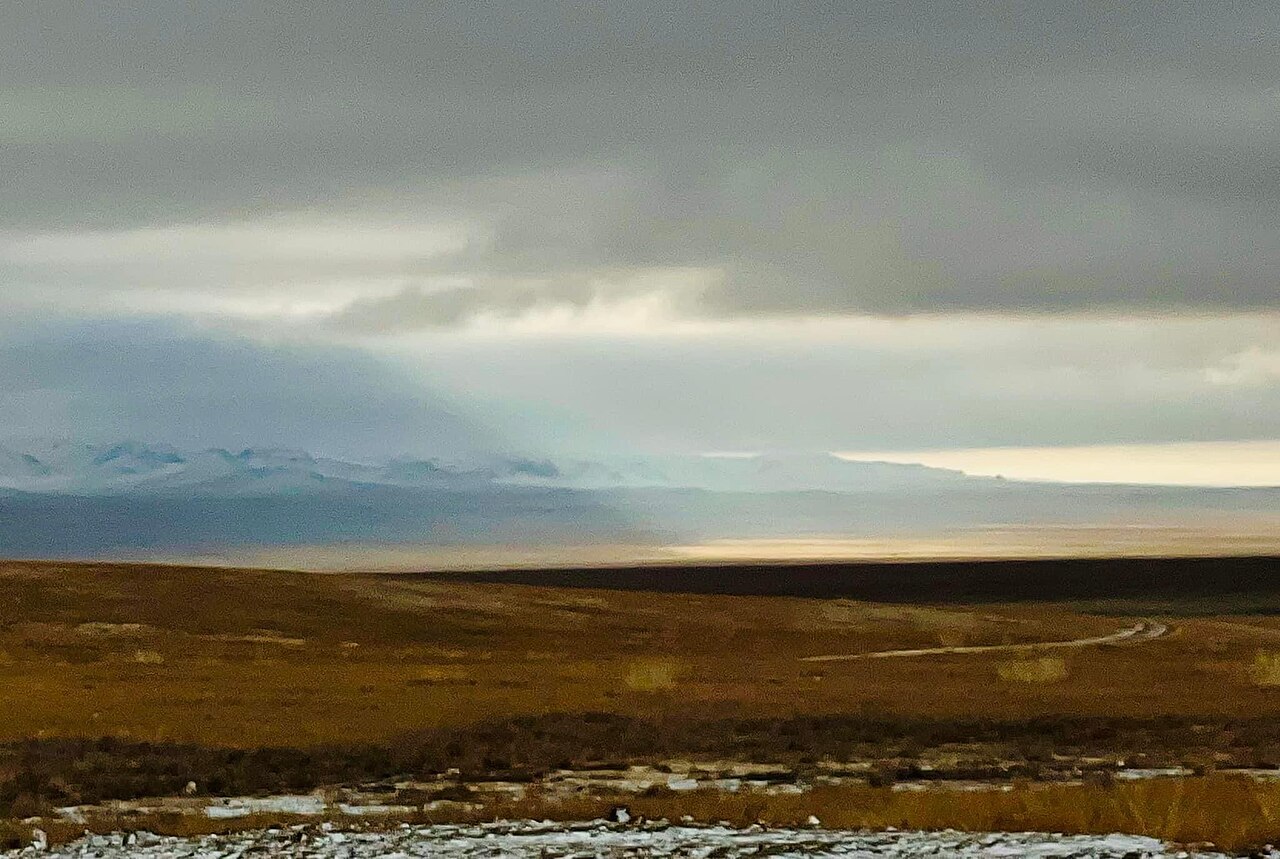 A wide, open landscape showing a transition between autumn fields and distant, snow-capped mountains under a cloudy sky.