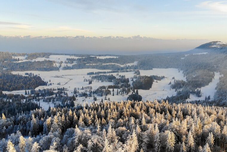 A wide, elevated view of a snow-covered valley and dense forest with distant alpine peaks at sunset.