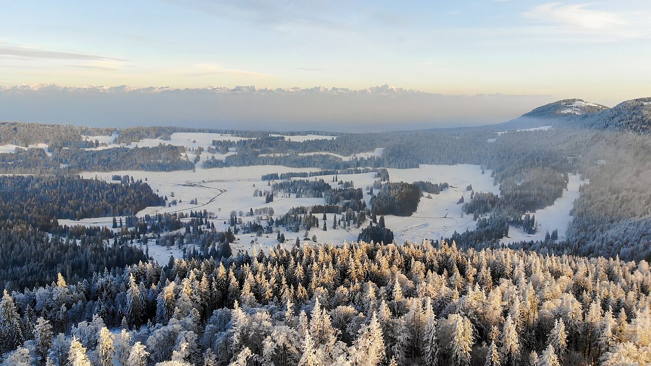 A wide, elevated view of a snow-covered valley and dense forest with distant alpine peaks at sunset.